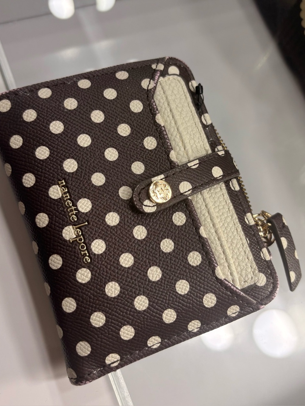 Nanette Lepore Polka Dot Compact Wallet - Brown & Cream